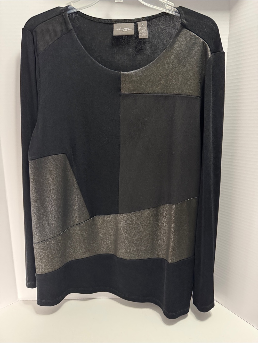 Chico's Travelers Black Top with Faux Leather Patchwork